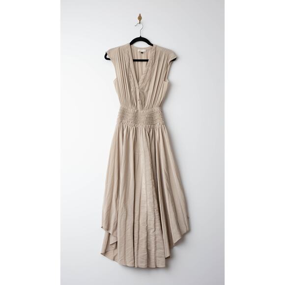 Ramy Brook Brown Crepe V-Neck Smocked Waist Midi Dress - Picture 4 of 11